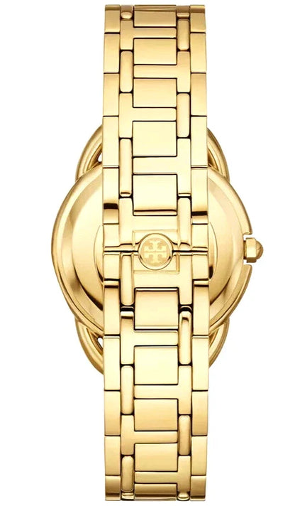 Tory Burch The Miller watch back view displaying gold-tone stainless steel case and bracelet