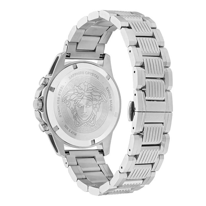 Caseback of Versace Greca Action watch featuring Medusa engraving and steel bracelet