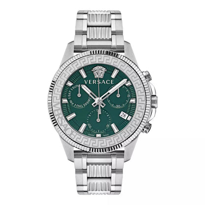 Versace Greca Action chronograph watch with green dial and silver steel bracelet