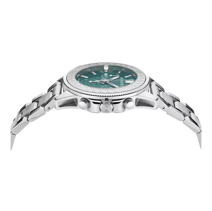 Side view of Versace Greca Action watch showing case profile and steel bracelet