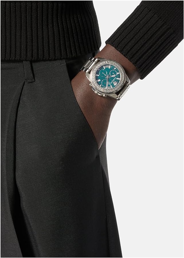 Versace Greca Action chronograph watch worn on wrist with green dial