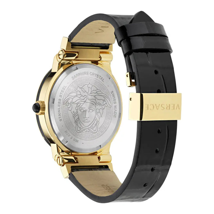 Caseback of Versace Greca watch with Medusa head engraving and sapphire crystal