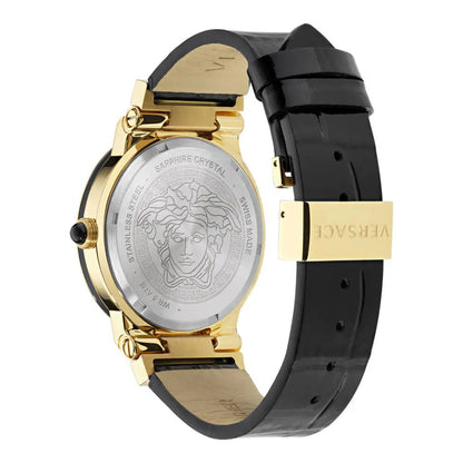 Caseback of Versace Greca watch with Medusa head engraving and sapphire crystal