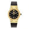 Gold Versace Greca watch with black dial, moonphase, and Greca bezel pattern