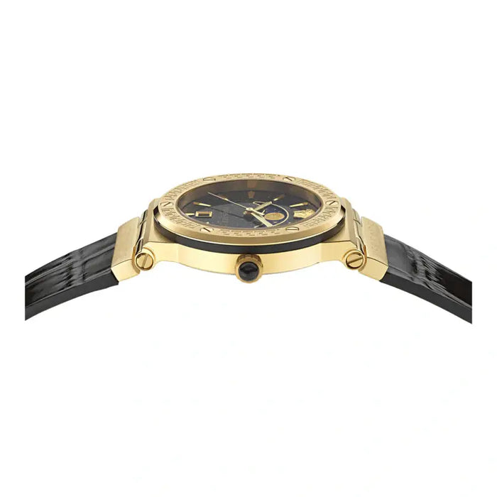 Side profile of gold Versace Greca watch with black leather strap