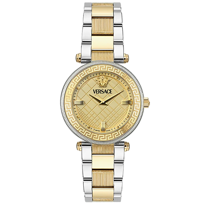Versace Reve gold dial women's watch with two-tone steel strap and Roman numerals