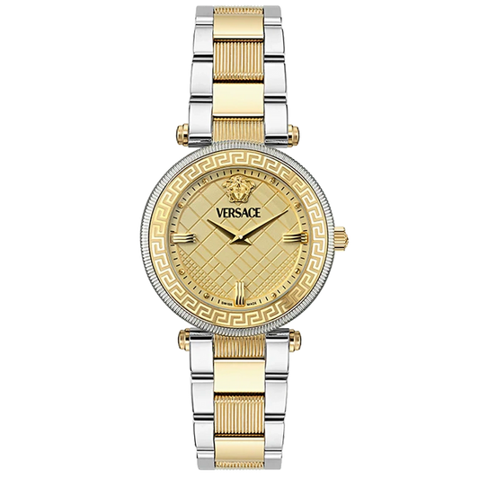 Versace Reve gold dial women's watch with two-tone steel strap and Roman numerals