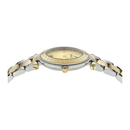 Versace Reve watch side view showing textured gold dial and textured two-tone steel strap