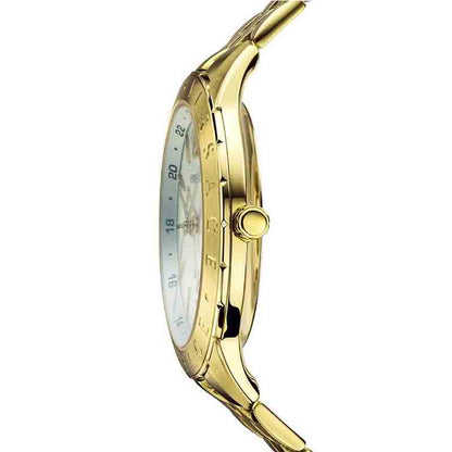 Side profile of Versace Univers watch showing gold case and white dial