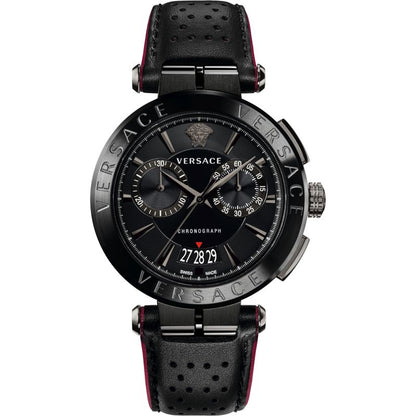 Versace Aion chronograph all-black men's watch with black dial and red-lined leather strap