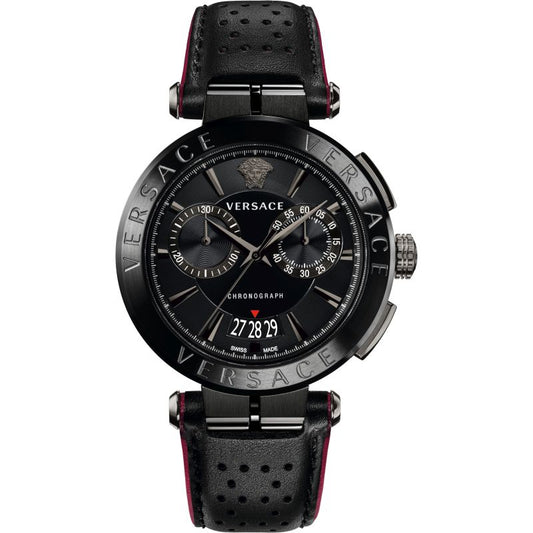 Versace Aion chronograph all-black men's watch with black dial and red-lined leather strap