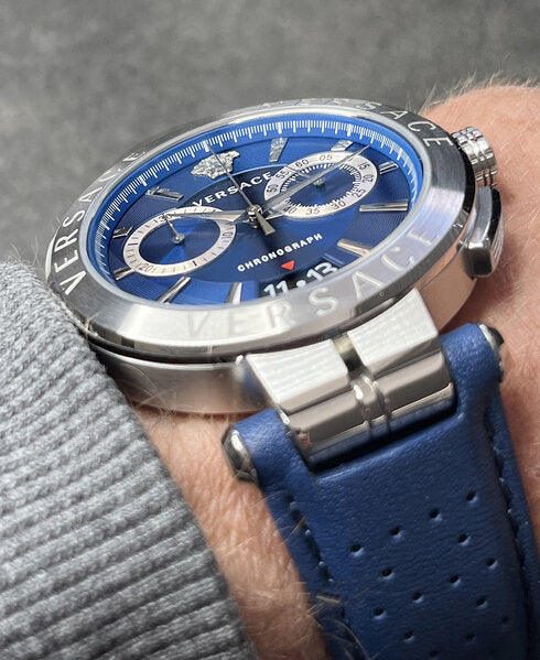 Versace Aion chronograph worn on wrist with stainless steel case and blue strap