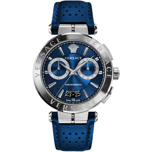 Versace Aion chronograph watch with blue dial, dual subdials, and blue leather strap