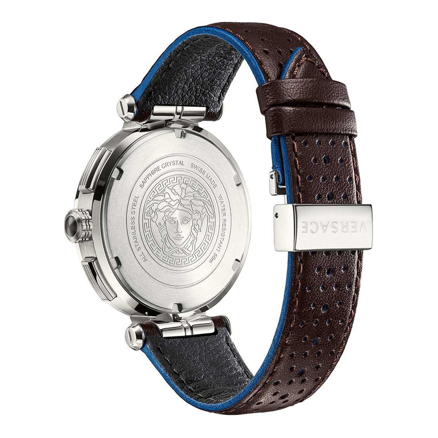 Caseback and side view of Versace Aion watch with Medusa medallion and perforated brown leather strap