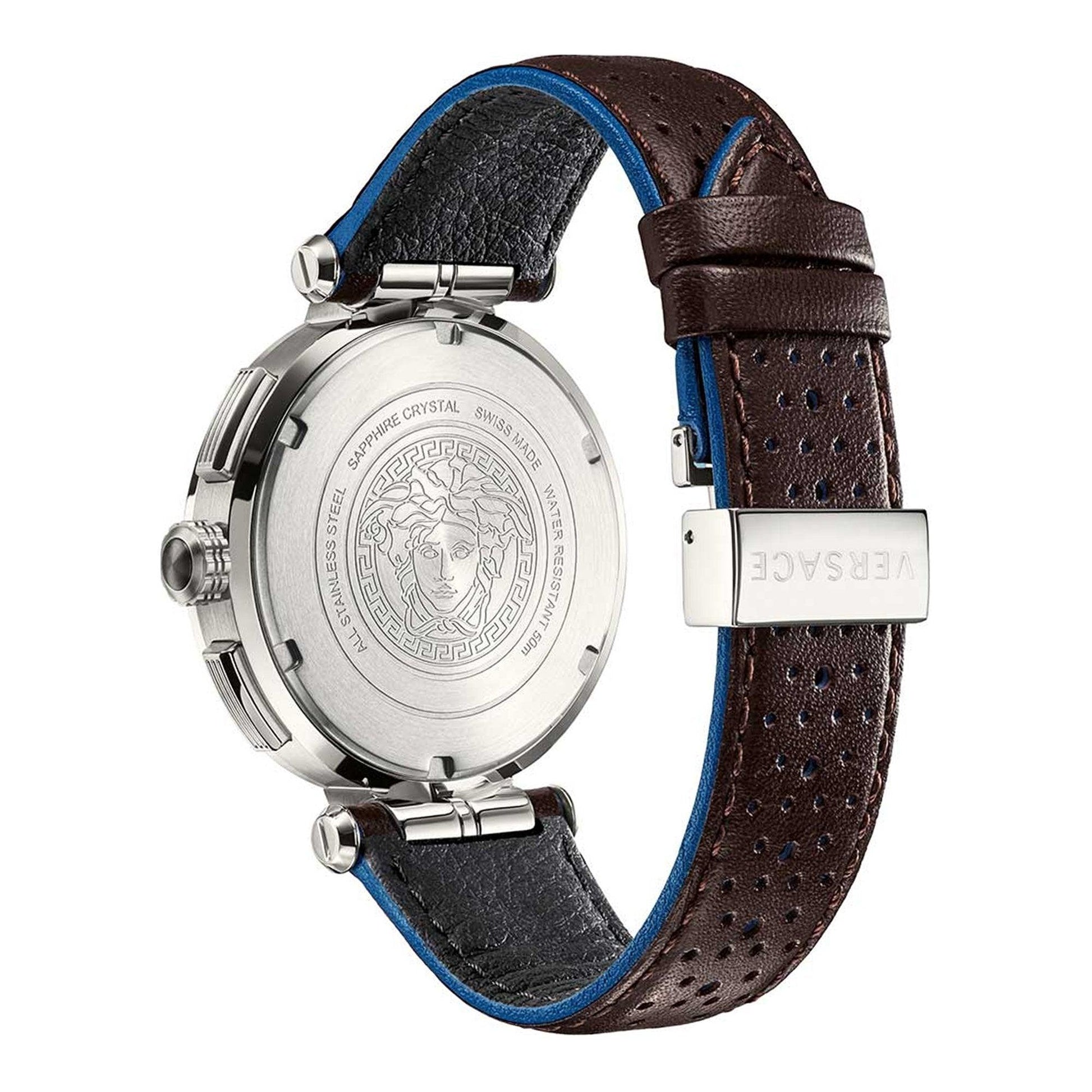 Caseback and side view of Versace Aion watch with Medusa medallion and perforated brown leather strap