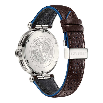 Caseback and side view of Versace Aion watch with Medusa medallion and perforated brown leather strap