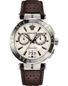 Versace Aion chronograph men's watch with white dial, brown leather strap, and chronograph subdials