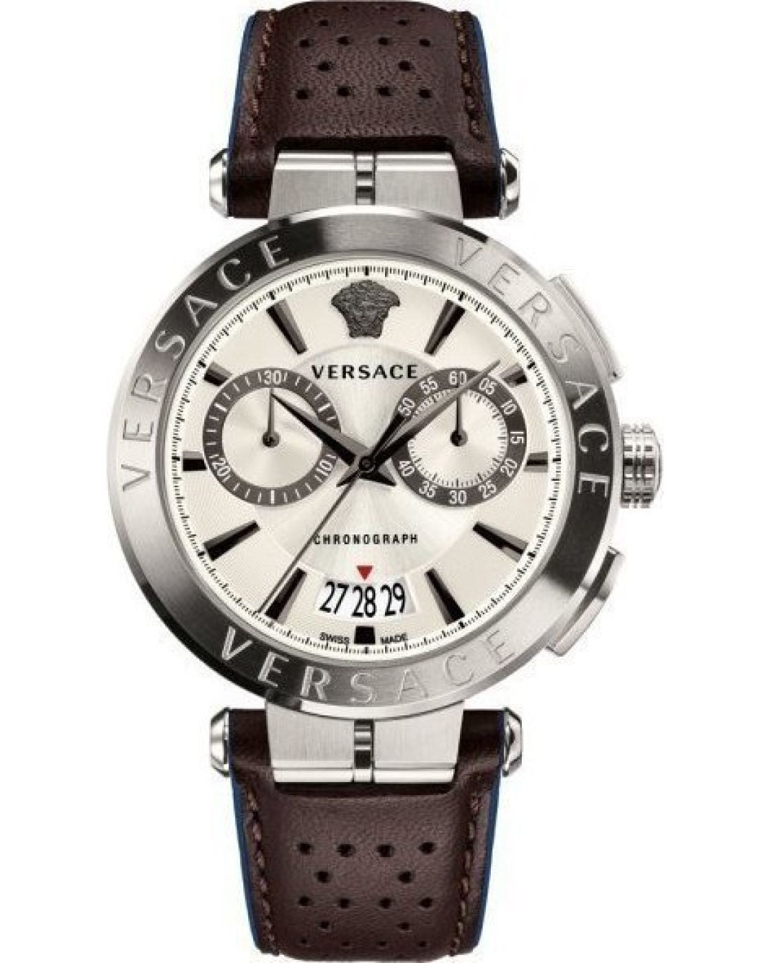 Versace Aion chronograph men's watch with white dial, brown leather strap, and chronograph subdials