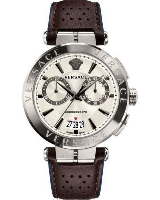Versace Aion chronograph men's watch with white dial, brown leather strap, and chronograph subdials