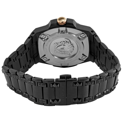 Versace Chain Reaction watch caseback showing Medusa logo and black steel bracelet with folding clasp