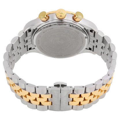 Caseback view of Versace chronograph watch showing stainless steel case back and two-tone bracelet clasp