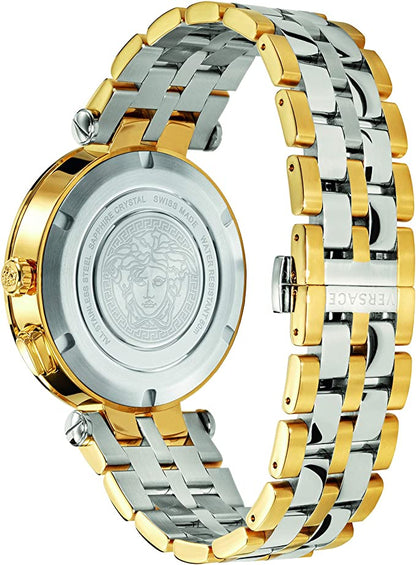 Versace VEBV00519 watch caseback showing Medusa design and two-tone bracelet
