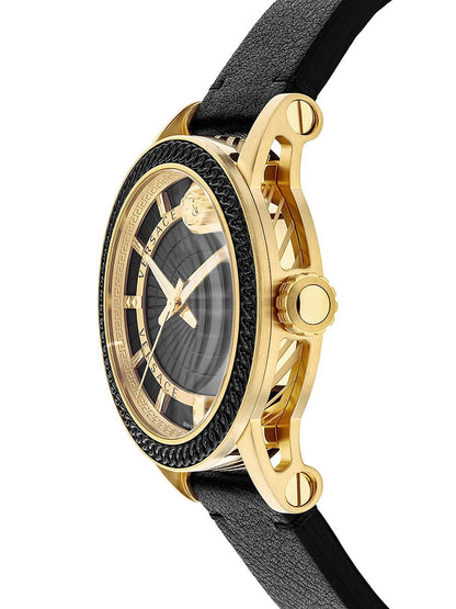 Versace Code watch side view showing gold case and black leather strap