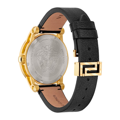 Versace Code watch caseback with Medusa head and sapphire crystal inscription