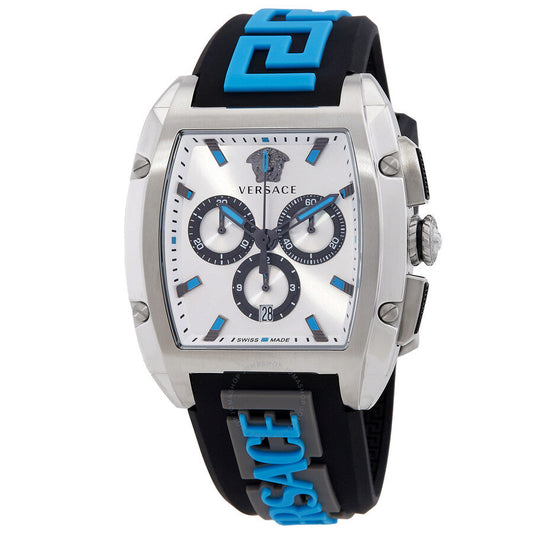 Versace Dominus chronograph watch with silver dial, blue subdials and blue rubber strap