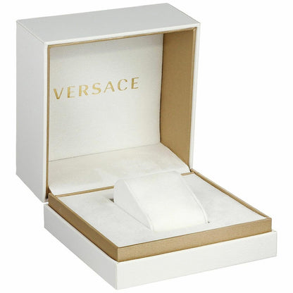 Versace watch box with gold trim and white interior packaging