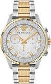 Versace Greca Action chronograph men's watch with two-tone steel and gold bracelet, white dial, and Medusa logo