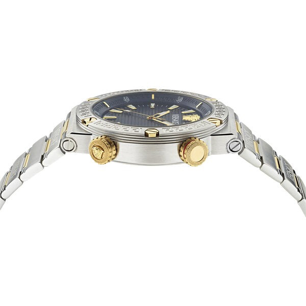 Angled view of Versace Greca Logo Diver showing case, bezel, and two-tone chronograph pushers