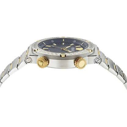 Angled view of Versace Greca Logo Diver showing case, bezel, and two-tone chronograph pushers