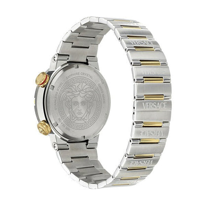 Caseback of Versace Greca Logo Diver displaying Medusa engraving and two-tone steel bracelet