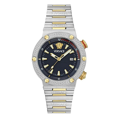 Versace Greca Logo Diver chronograph watch with black dial, two-tone steel case and bracelet
