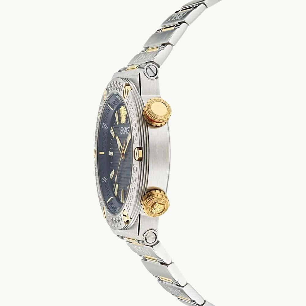 Side view of Versace Greca Logo Diver watch showing gold and silver chronograph pushers and profile