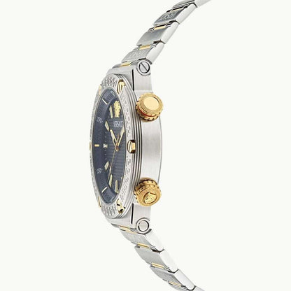 Side view of Versace Greca Logo Diver watch showing gold and silver chronograph pushers and profile