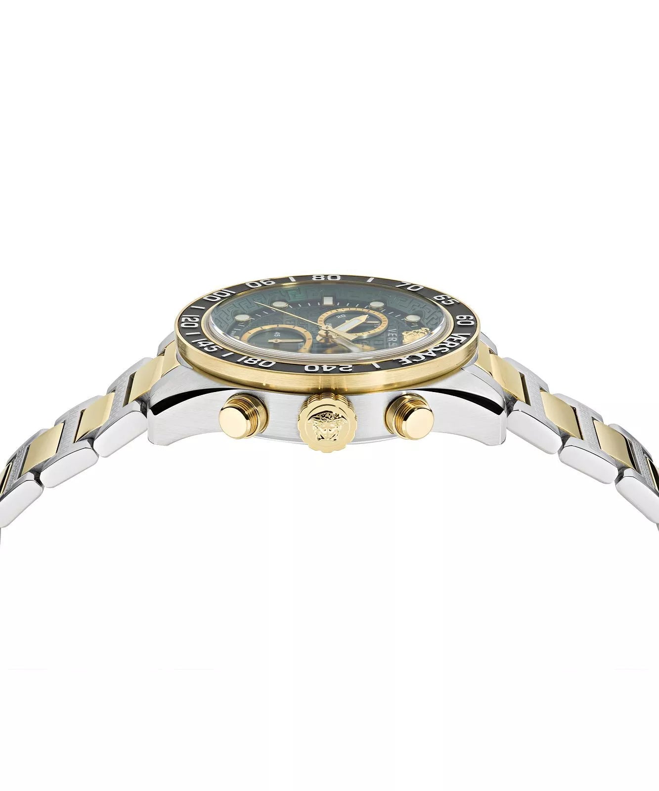Side profile view of two-tone Versace watch with gold and steel bracelet