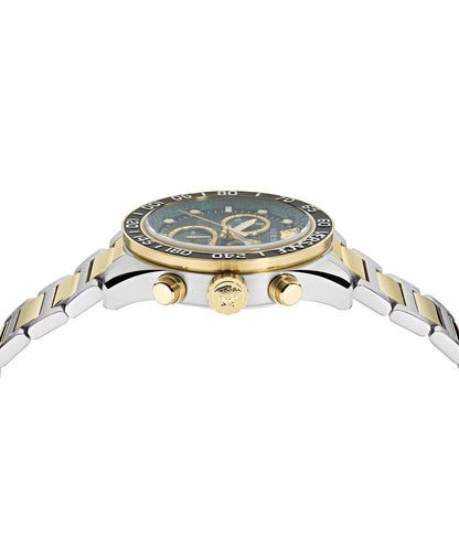 Side profile view of two-tone Versace watch with gold and steel bracelet