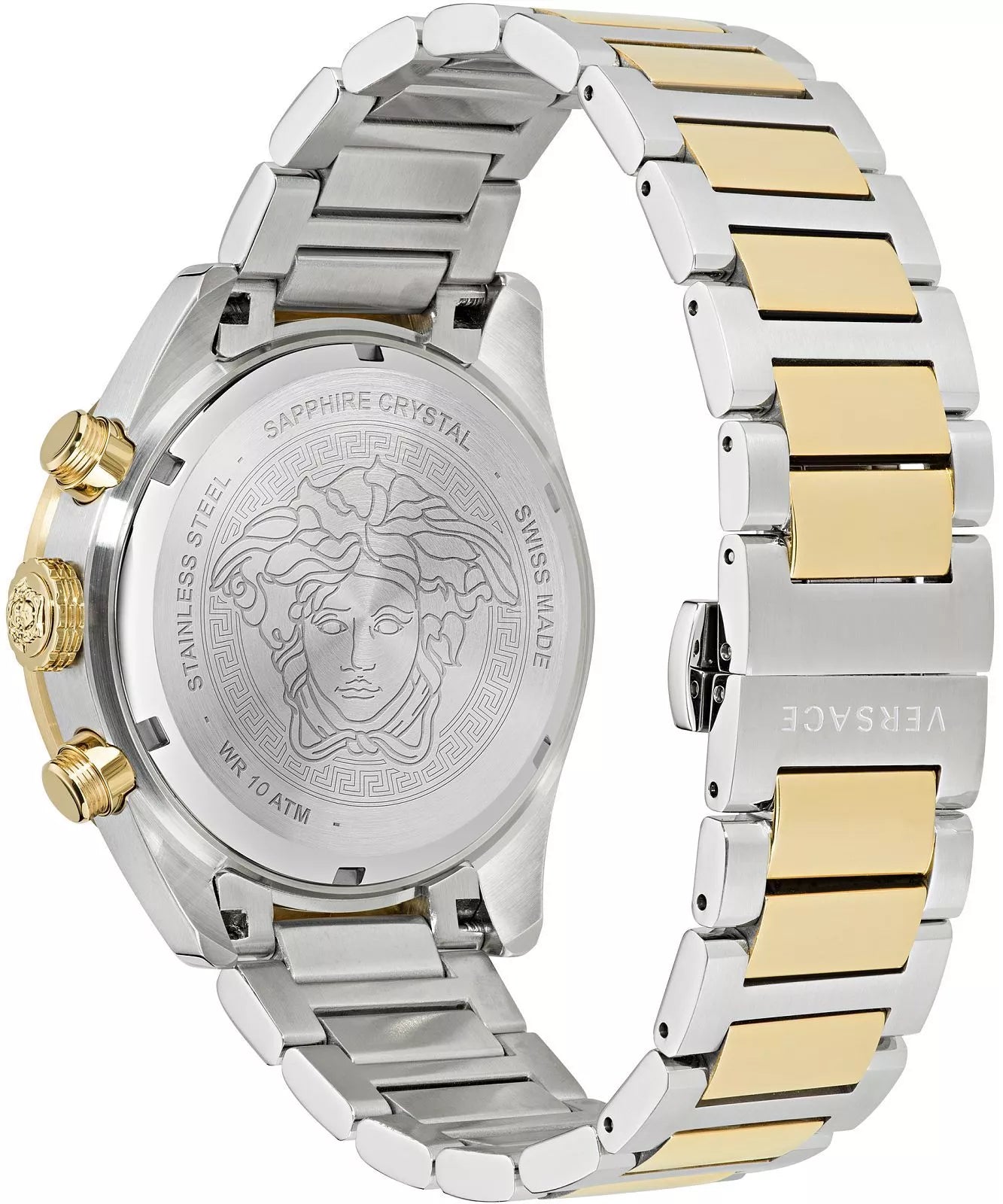 Versace Medusa caseback with sapphire crystal and two-tone bracelet detail