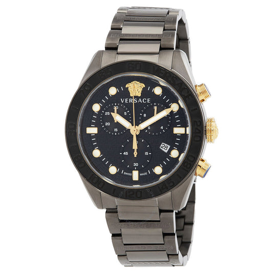 Versace Greca Dome Chronograph watch with black dial, gold Medusa head, gold hour markers, and gold chronograph pushers on gunmetal steel case