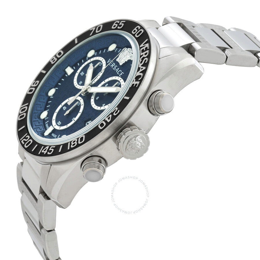 Versace Greca Dome watch angled side view showing chronograph pushers and silver metal bracelet
