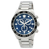 Versace Greca Dome chronograph watch with blue dial, white subdials, Medusa logo, and silver stainless steel bracelet