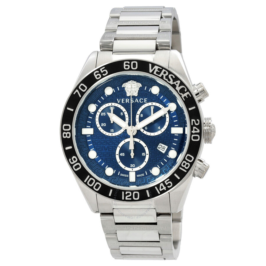 Versace Greca Dome chronograph watch with blue dial, white subdials, Medusa logo, and silver stainless steel bracelet