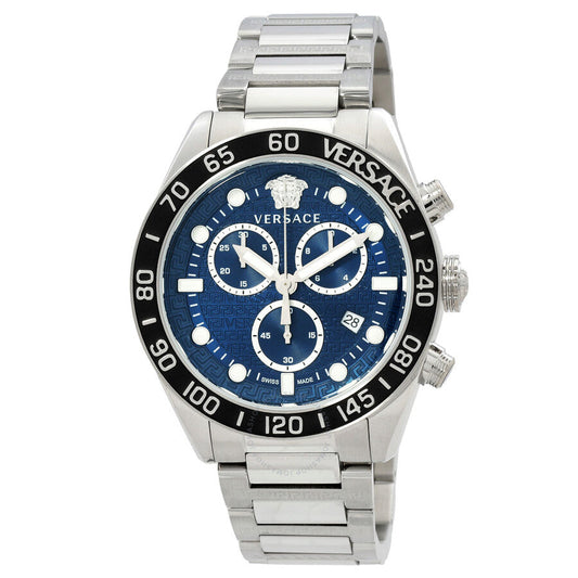 Versace Greca Dome chronograph watch with blue dial, white subdials, Medusa logo, and silver stainless steel bracelet