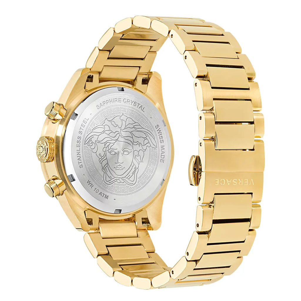 Versace Greca Dome watch caseback showing sapphire crystal with engraved Medusa head and movement details