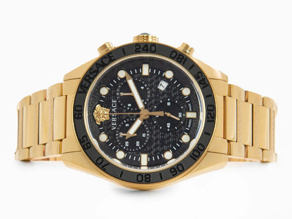 Versace Greca Dome chronograph watch with black dial and gold case, flat top-down view
