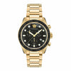 Versace Greca Dome chronograph watch with black dial, gold case, and gold bracelet, front view