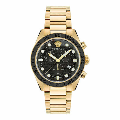 Versace Greca Dome chronograph watch with black dial, gold case, and gold bracelet, front view