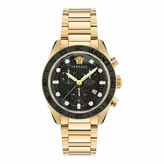 Versace Greca Dome chronograph watch with black dial, gold case, and gold bracelet, front view